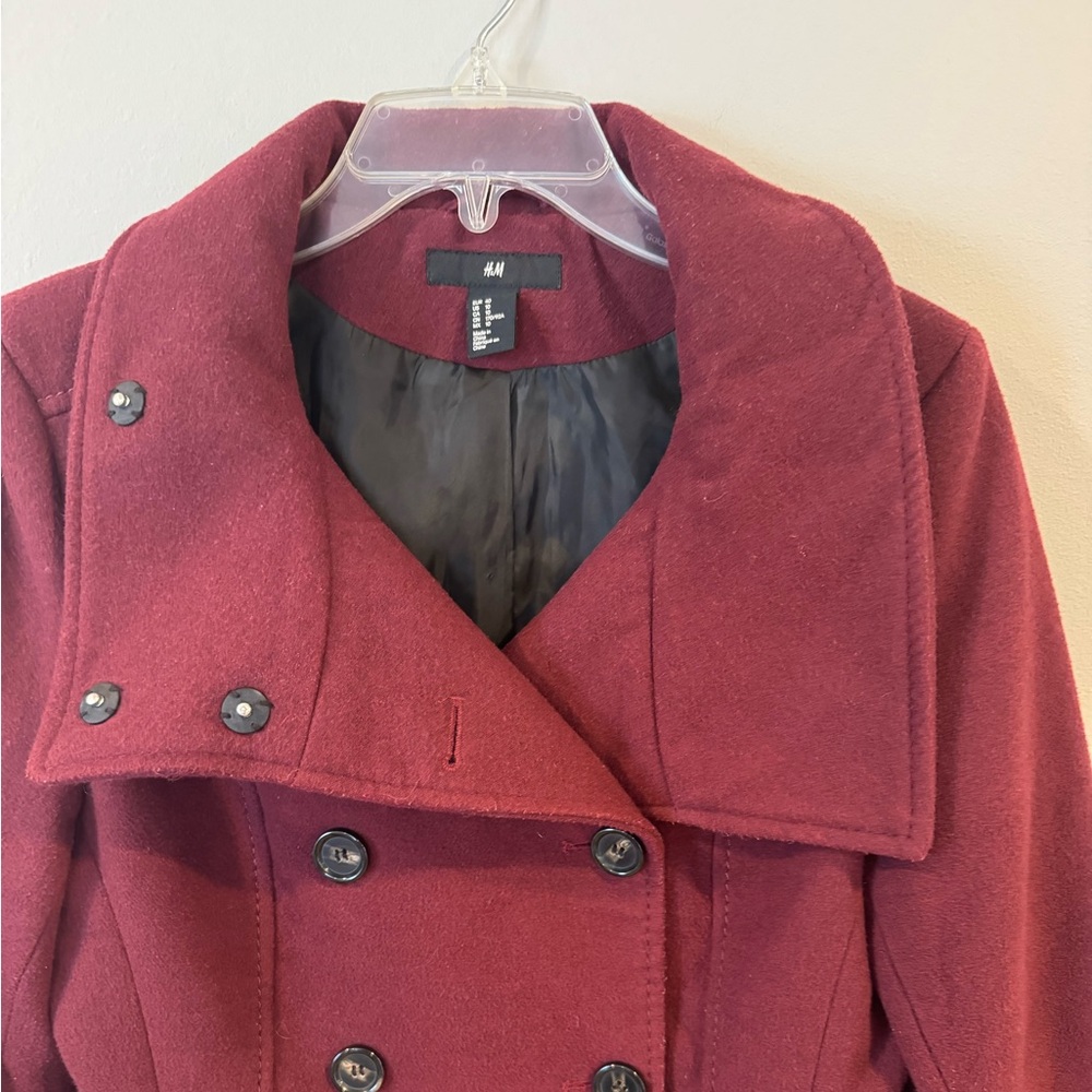 H&M Pea Coat Women’s Lined Double-Breasted Coat Red/Maroon Button Up-Size 10 - Picture 2 of 7